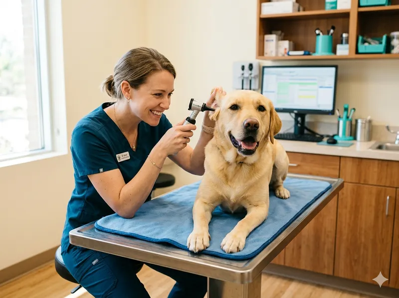 Cão a ser examinado pela veterinária
