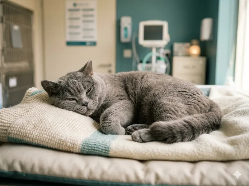 Gato a descansar confortavelmente na clínica