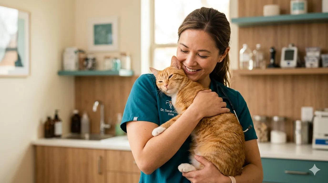 Gato feliz na clínica veterinária